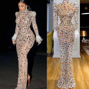 Fashion Mesh Crystals Sexy Birthday Maxi Dress for Women Long Sleeve Rhinestone Prom Maxi Dress