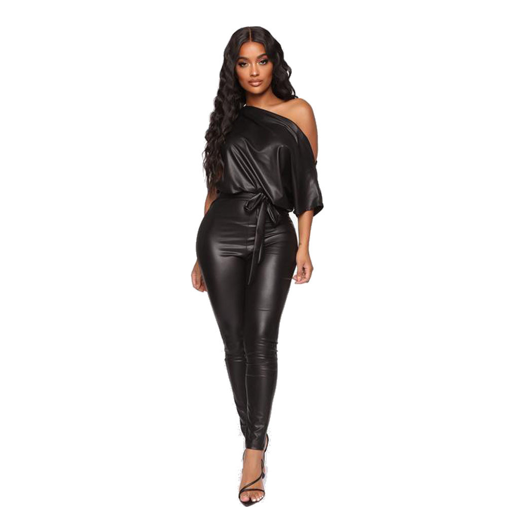 Best Fashion Design Women Short Sleeve 2022 Jumpsuit Belted Black Faux Leather Jumpsuit