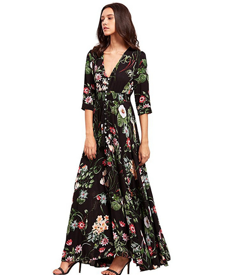 Wholesale China Women V Neck Dresses Summer Fashion Maxi Holiday Floral Bohemian Dress