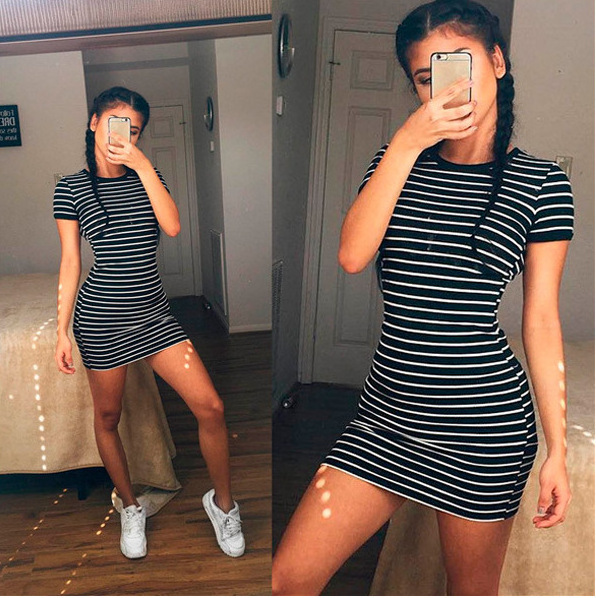 Enough Stock Short-sleeved Sheath Slim Fit Dress Black And White Striped Tshirt Dresses