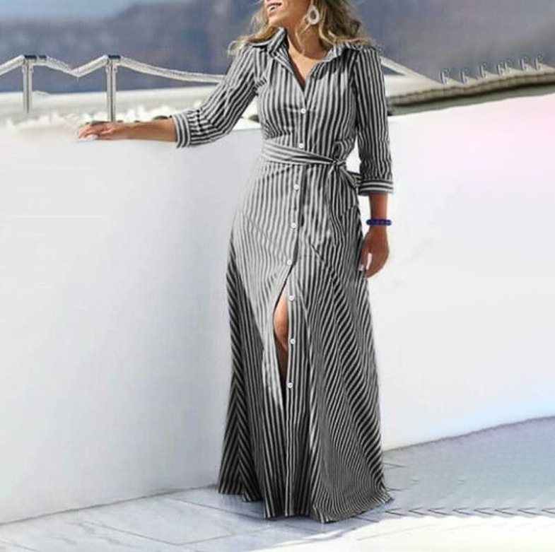 Women Casual 5XL Plus Size Button Up Maxi Long Dress Blue Stripe Linen Cotton Dress