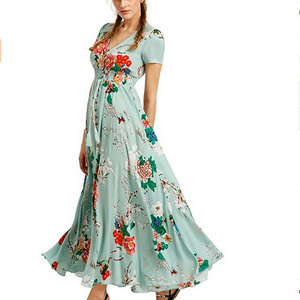 Wholesale China Women V Neck Dresses Summer Fashion Maxi Holiday Floral Bohemian Dress