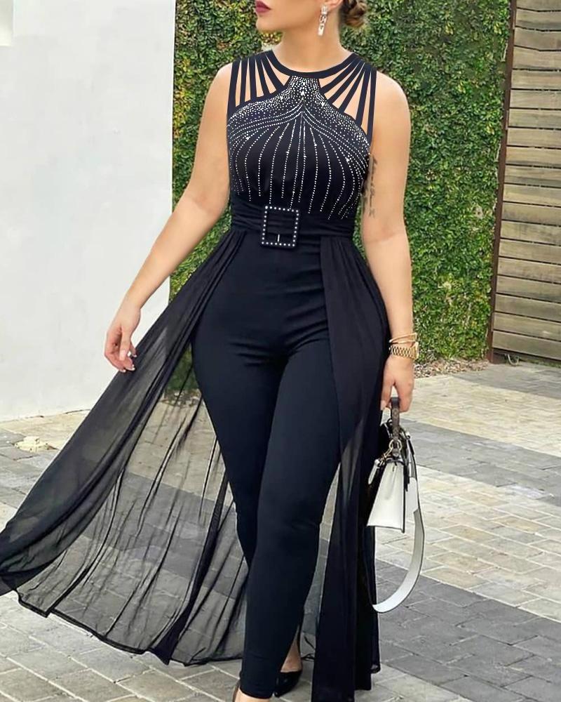 Goods in Stock Yiwu Bandage Sleeveless Women Jumpsuit with Rhinestone Luxury Mesh Party Jumpsuits