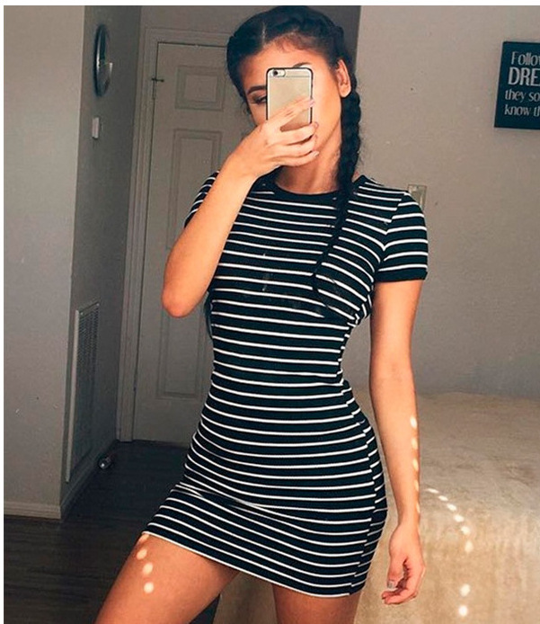 Enough Stock Short-sleeved Sheath Slim Fit Dress Black And White Striped Tshirt Dresses