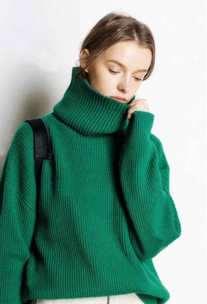 European Style Lady Green Winter Woollen Sweater Women High Neck Loose Pullover Crochet Sweater