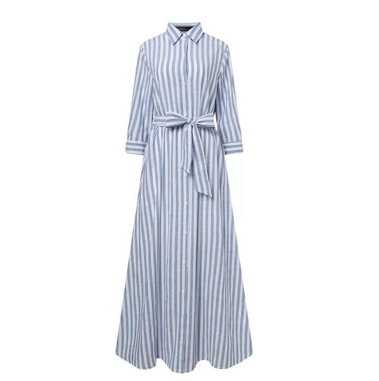 Women Casual 5XL Plus Size Button Up Maxi Long Dress Blue Stripe Linen Cotton Dress