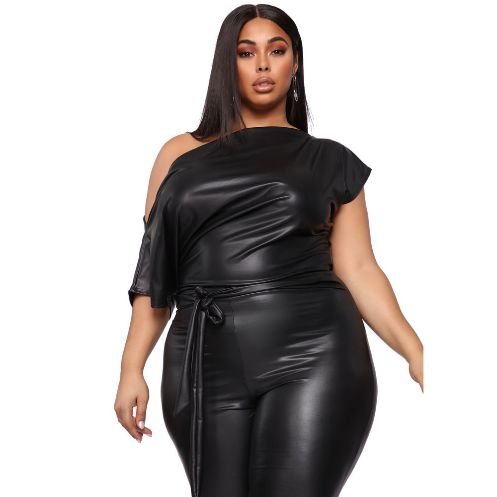 Best Fashion Design Women Short Sleeve 2022 Jumpsuit Belted Black Faux Leather Jumpsuit