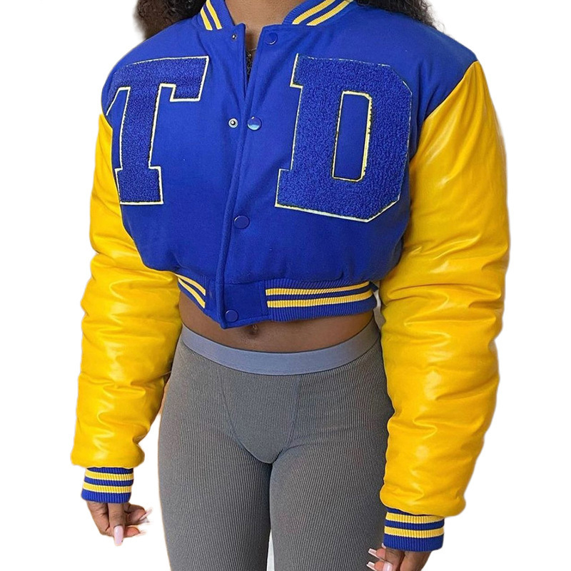 Newest Brand Design Woman Winter Clothes Embroidery Varsity Jacket with Leather Sleeve