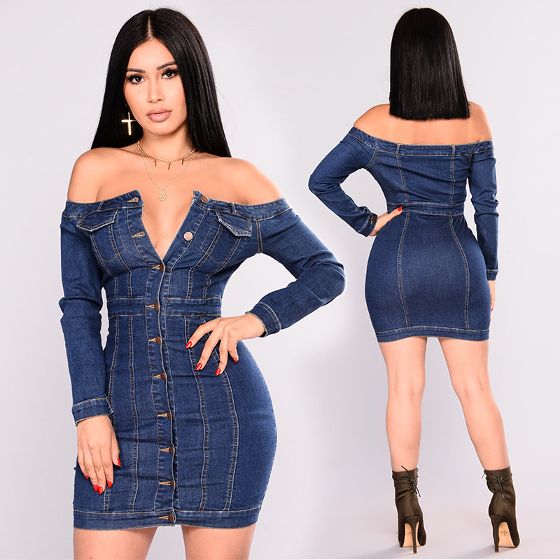 Off Shoulder Button Sexy Women Dresses Ladies Long Sleeve Denim Dress