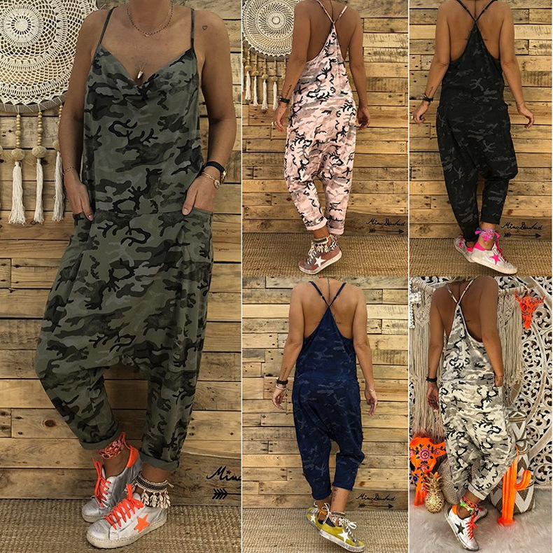 Wish Top Design Women Strap Jumpsuit Summer Loose Camouflage Overall Jumpsuit