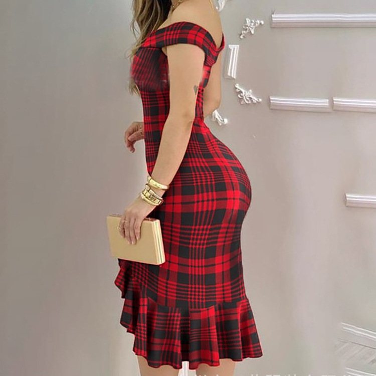 Europe and America Wholesale Off the Shoulder Flounced Dress Women Bodycon Evening Red Dresses