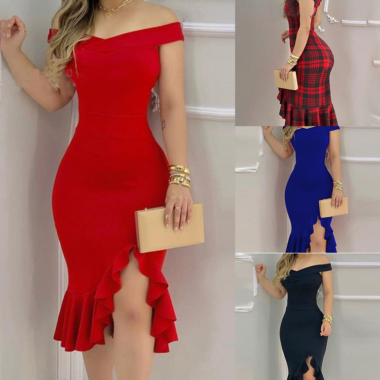 Europe and America Wholesale Off the Shoulder Flounced Dress Women Bodycon Evening Red Dresses