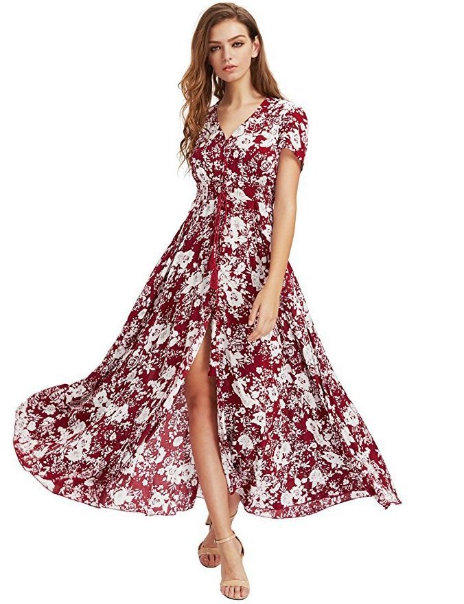 Wholesale China Women V Neck Dresses Summer Fashion Maxi Holiday Floral Bohemian Dress