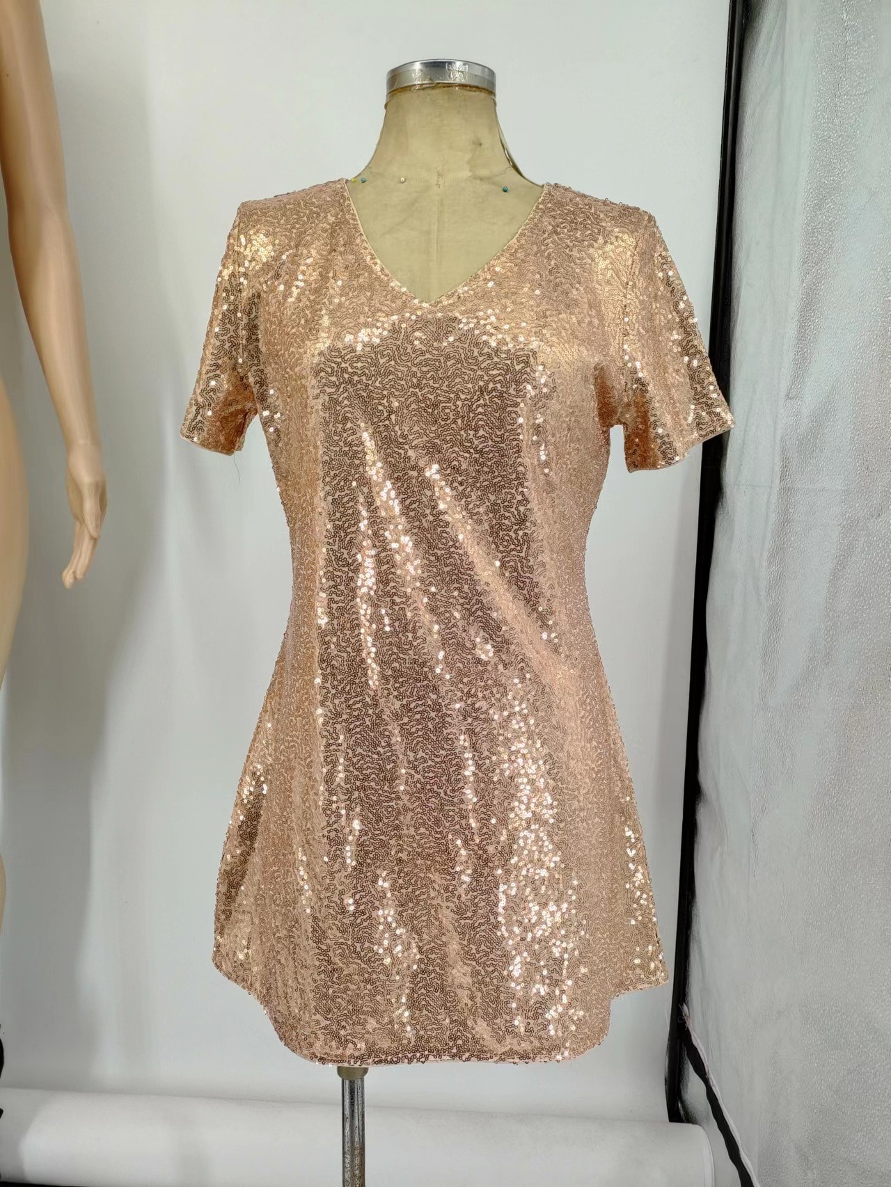 Women's Sexy Short Club Party Evening Dresses Gold Sequin Tshirt Dress