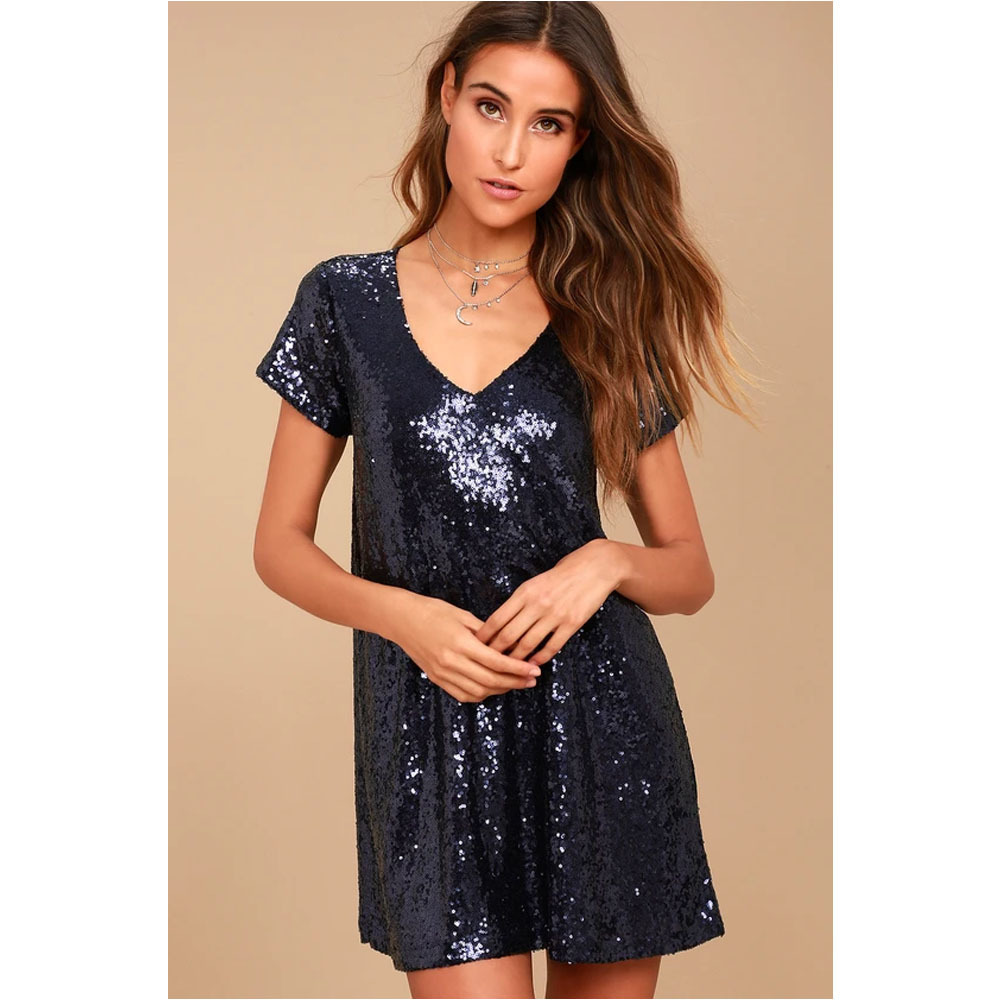 Women's Sexy Short Club Party Evening Dresses Gold Sequin Tshirt Dress