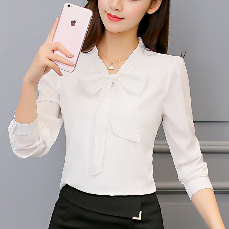 New Spring Summer Long Sleeve Shirts for Lady Fashion Leisure Chiffon Bow Office Blouse