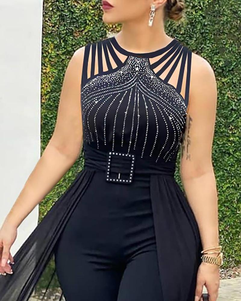 Goods in Stock Yiwu Bandage Sleeveless Women Jumpsuit with Rhinestone Luxury Mesh Party Jumpsuits