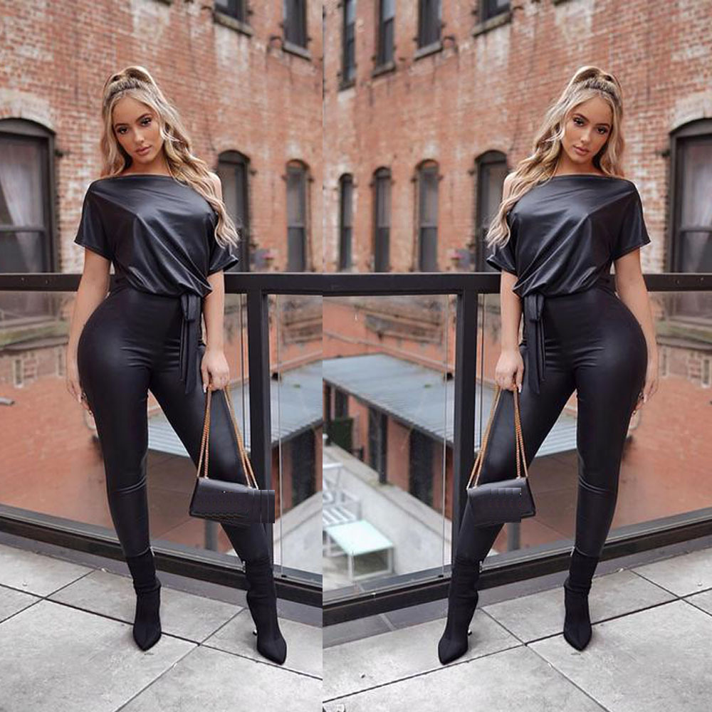 Best Fashion Design Women Short Sleeve 2022 Jumpsuit Belted Black Faux Leather Jumpsuit