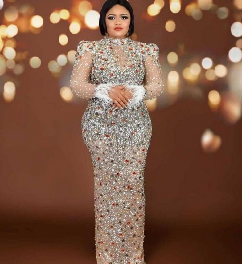 Fashion Mesh Crystals Sexy Birthday Maxi Dress for Women Long Sleeve Rhinestone Prom Maxi Dress