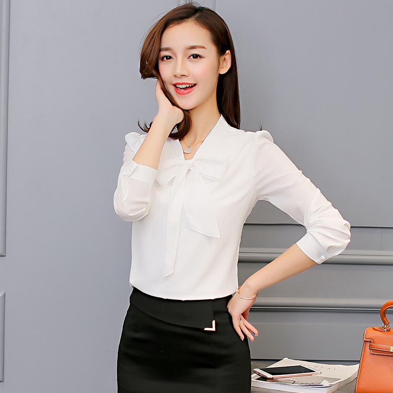 New Spring Summer Long Sleeve Shirts for Lady Fashion Leisure Chiffon Bow Office Blouse