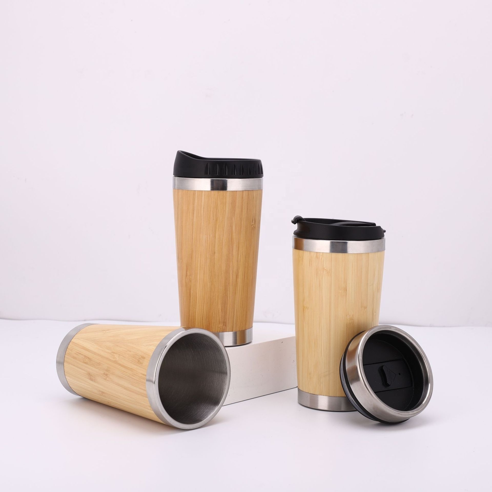 Custom bamboo lid 12/15/17oz double wall stainless steel 304 coffee mug cup vacuum thermos bamboo water bottle with handle