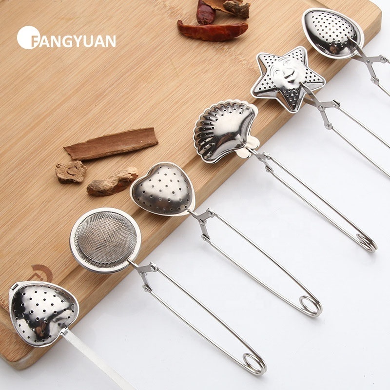 FANGYUAN custom cheap shell heart gold plated metal stainless steel loose leaf mesh tea ball tea infuser strainer with handle