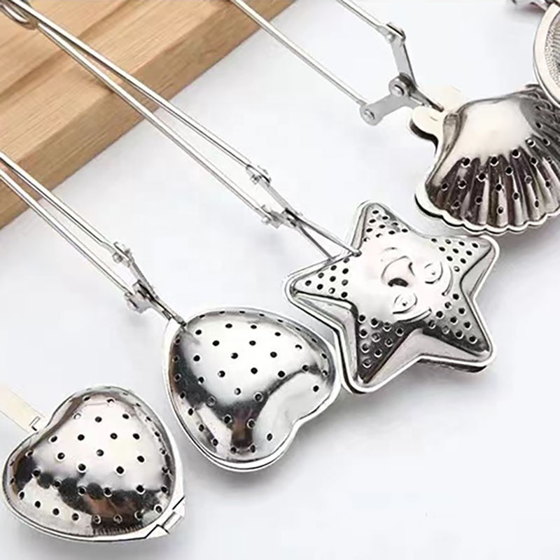 FANGYUAN custom cheap shell heart gold plated metal stainless steel loose leaf mesh tea ball tea infuser strainer with handle