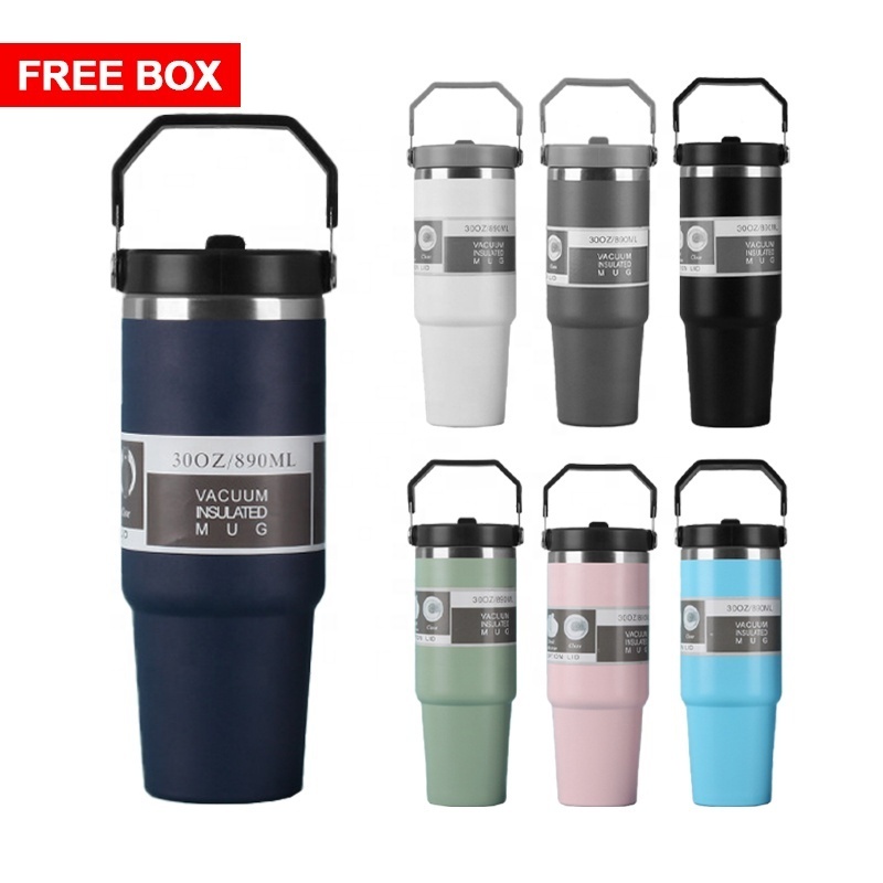 Portable 20oz 30oz outdoor leakproof stainless steel flip straw insulated travel coffee cup tumbler with handle