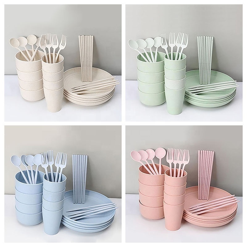 BPA free 28pcs plastic cutlery spoon fork kits bowl cups plates wheat straw household tableware dinner dinnerware sets dish