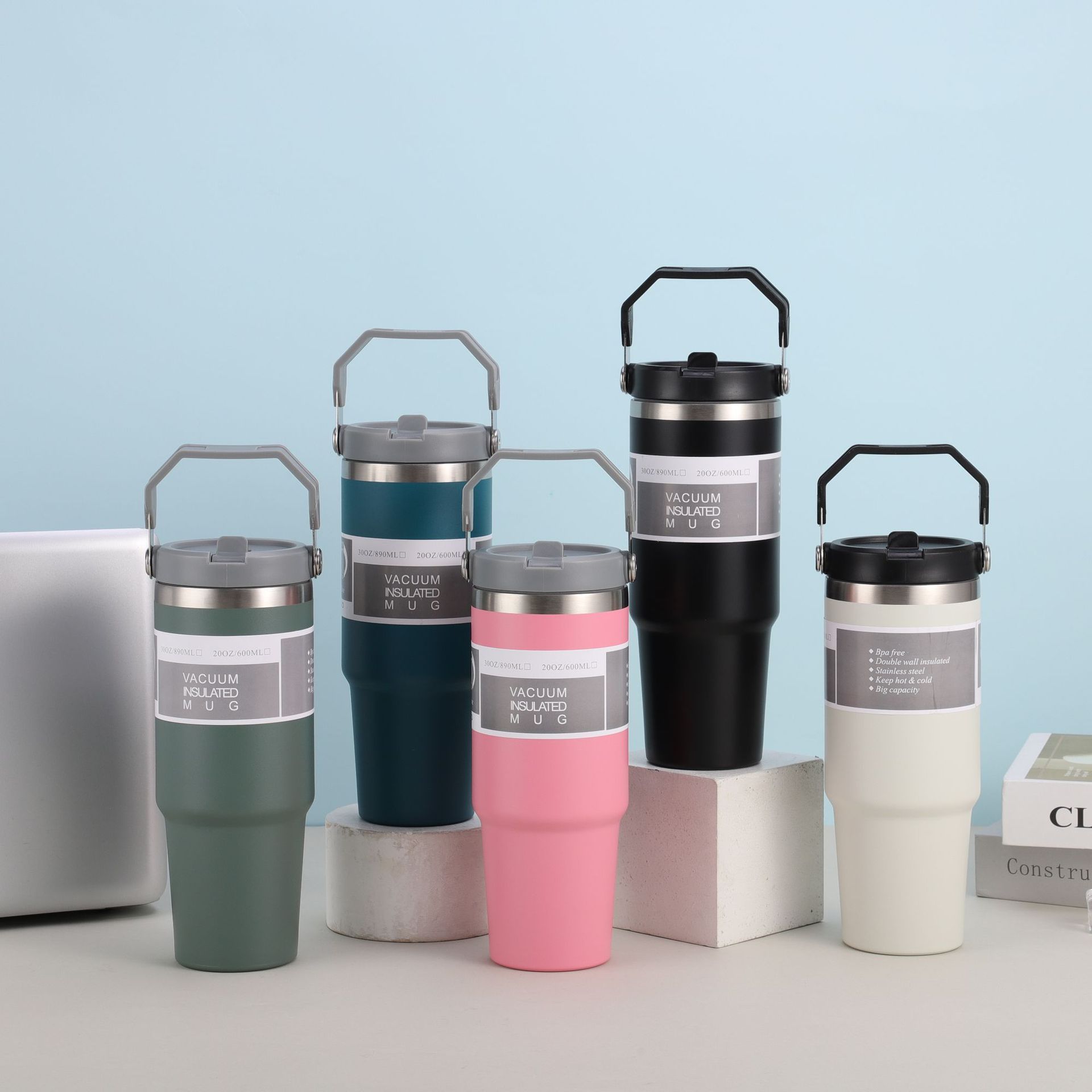 Free personalized logo 30oz powder coated travel thermo mug vacuum 20oz coffee stainless steel tumbler with handle