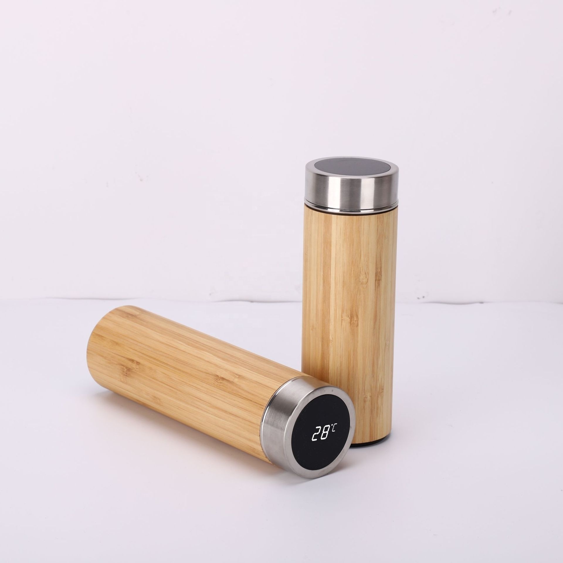 Custom bamboo lid 12/15/17oz double wall stainless steel 304 coffee mug cup vacuum thermos bamboo water bottle with handle