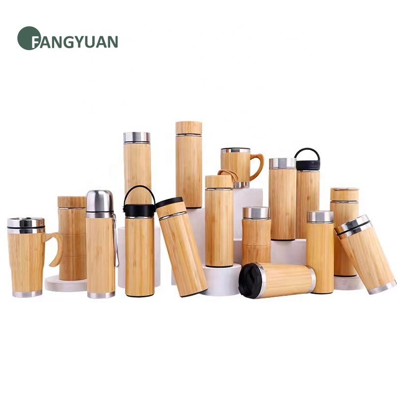 Custom bamboo lid 12/15/17oz double wall stainless steel 304 coffee mug cup vacuum thermos bamboo water bottle with handle