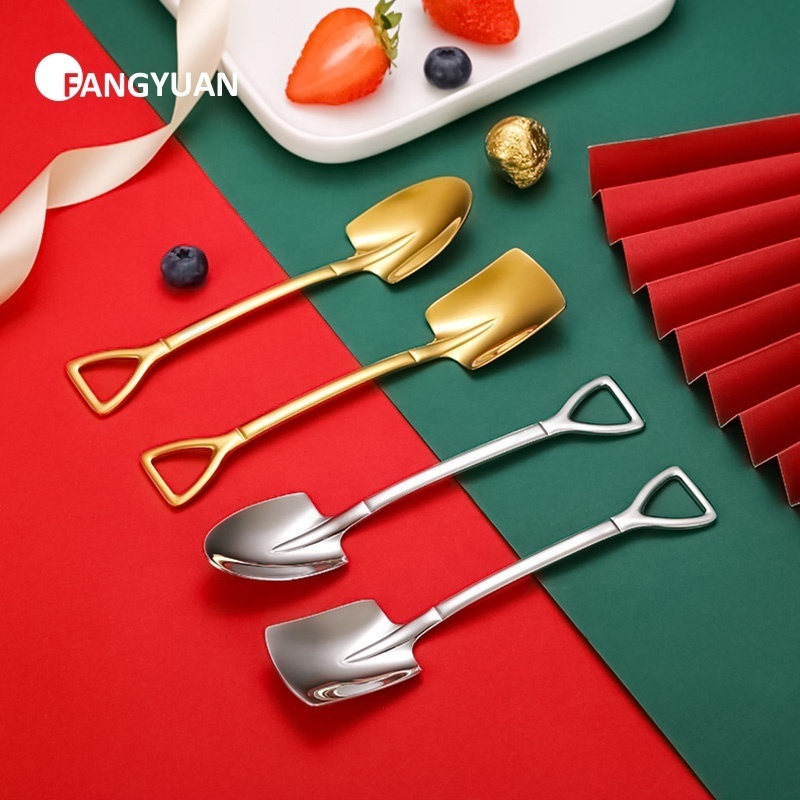 FANGYUAN high quality cute gold color stainless steel 304 mini shovel design spoons ice cream spoon and fork