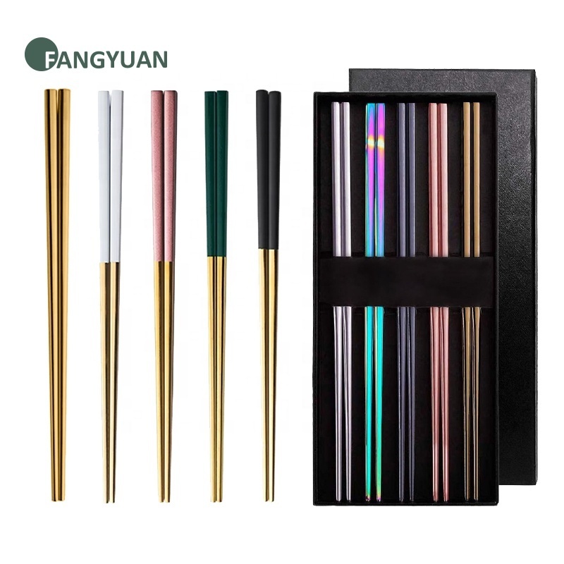 FANGYUAN customized personalised reusable korean pink gold stainless steel 304 chopsticks metal with logo box for chopstick