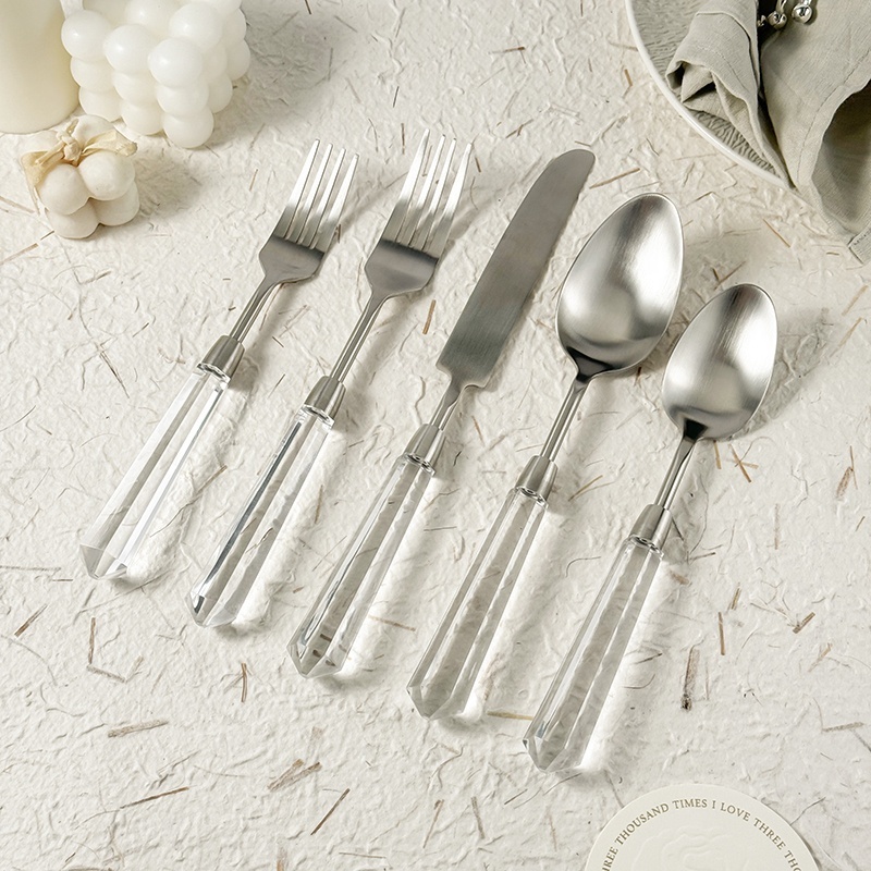 FANGYUAN Luxury royal wedding hotel stainless steel 304 gold prism clear acrylic handle flatware cutlery set spoons fork