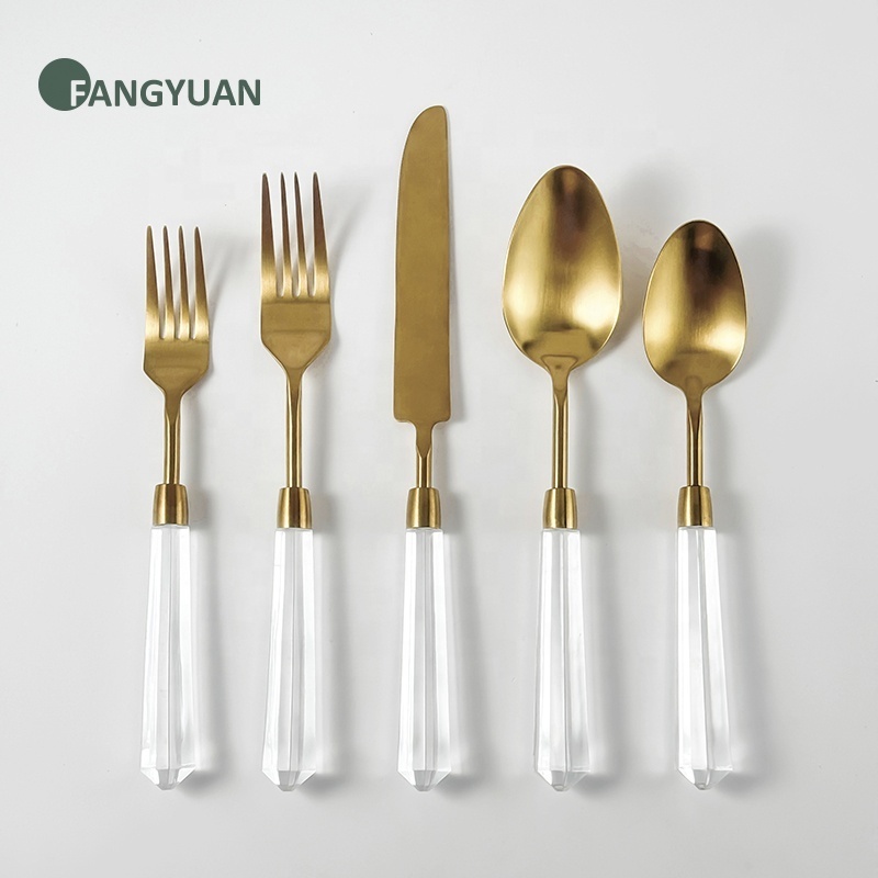 FANGYUAN Luxury royal wedding hotel stainless steel 304 gold prism clear acrylic handle flatware cutlery set spoons fork