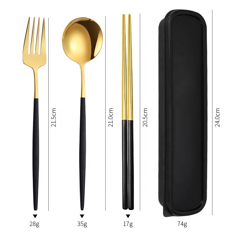 FANGYUAN Premium quality Portuguese camping case black gold stainless steel spoon fork chopsticks travel cutlery set