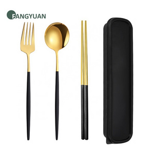 FANGYUAN Premium quality Portuguese camping case black gold stainless steel spoon fork chopsticks travel cutlery set