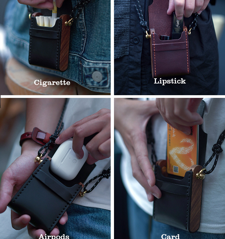 2021 Unisex Wood PU Leather Cigarette Airpods Makeup Carte Credit Mini Bag Crossbody Phone Purse Wallet Card Hold