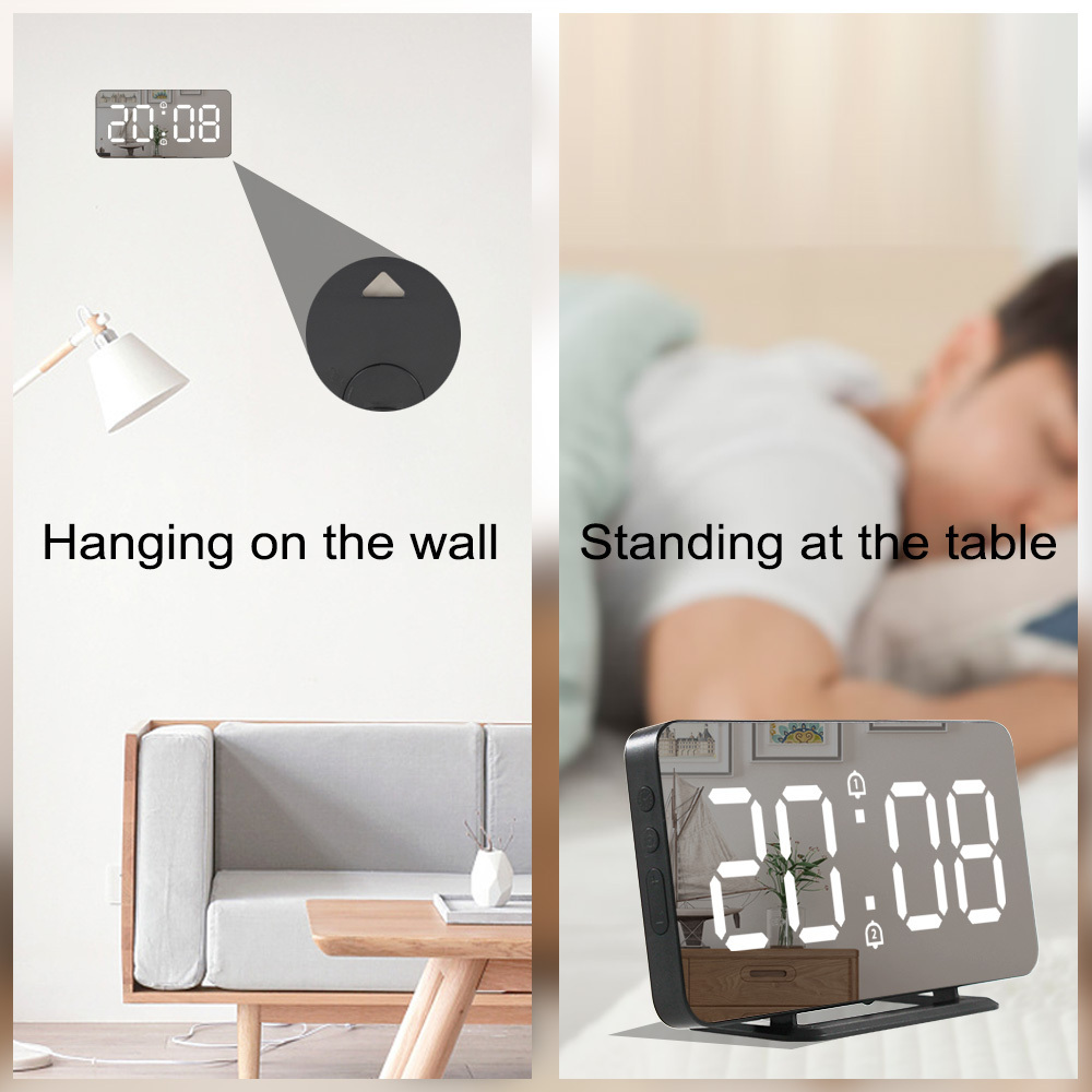 LED Mirror Digital Alarm Clock Electronic Temperature Wall Table Snooze Clock USB Watch Nightlight Home Office Smart Alarm Clock