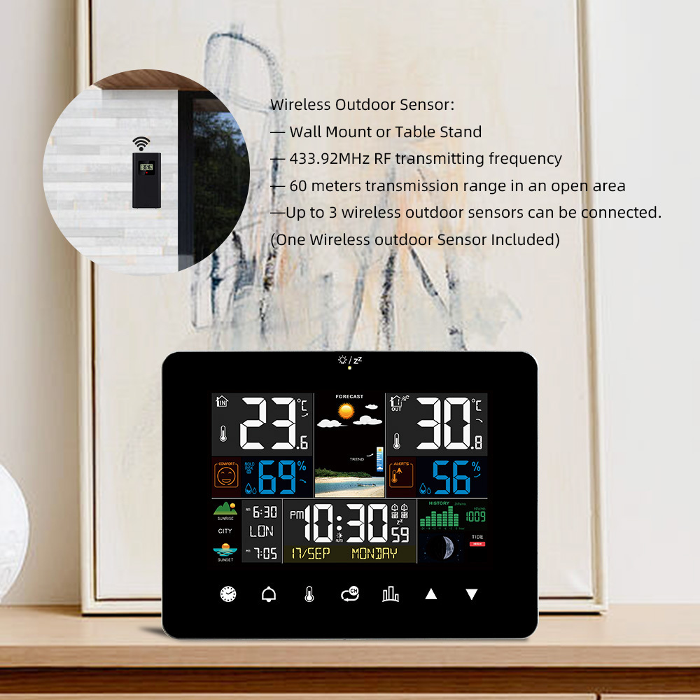 Touchscreen Weather Station Digital Indoor Outdoor Temperature Humidity Meter Table Desk Clocks with Sensor Weather Station