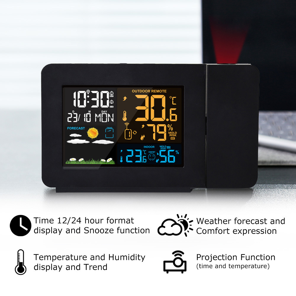 Weather Station Digital Temperature Humidity Meter Snooze Table Clock with Time Projection Alarm Clock Wireless Weather Station