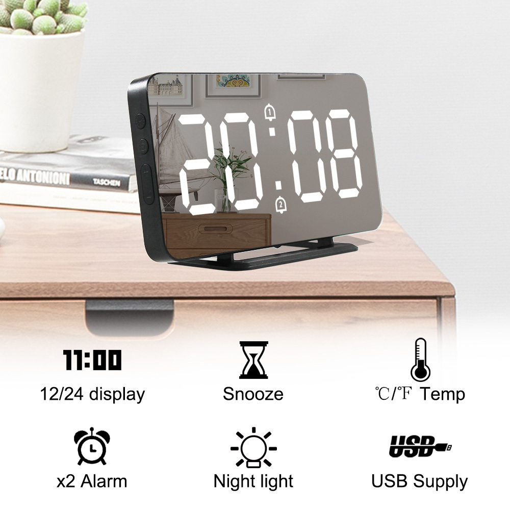 LED Mirror Digital Alarm Clock Electronic Temperature Wall Table Snooze Clock USB Watch Nightlight Home Office Smart Alarm Clock