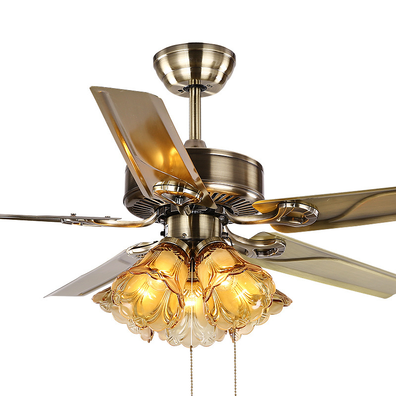 Antique brass color iron wood blades E27 classical ceiling fan light with 3-speed control pull chain