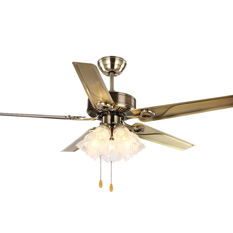 Antique brass color iron wood blades E27 classical ceiling fan light with 3-speed control pull chain