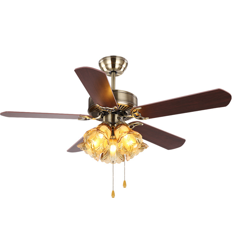 Antique brass color iron wood blades E27 classical ceiling fan light with 3-speed control pull chain