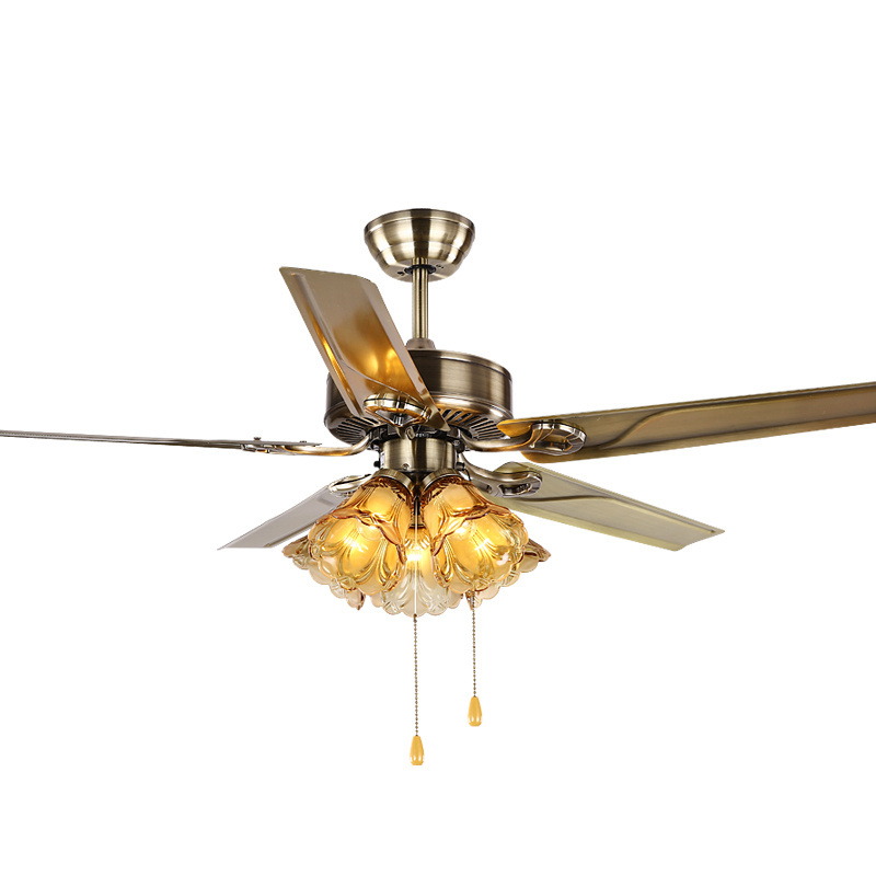 Antique brass color iron wood blades E27 classical ceiling fan light with 3-speed control pull chain