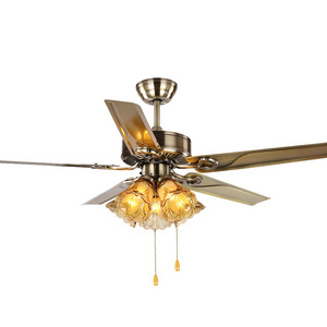 Antique brass color iron wood blades E27 classical ceiling fan light with 3-speed control pull chain