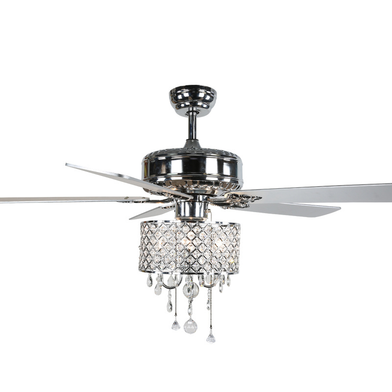 Modern Wood Blades 52 Inch Luxury Fancy Crystal LED Lights Living Room Silent Invisible Ceiling Fan Light Chandelier