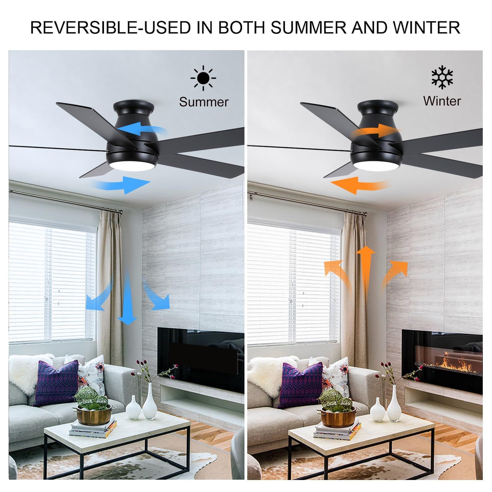 52 Inch Ceiling Fans with Lights and Remote LED Flush Mount Black Ceiling Fan with Quiet DC Motor Low Profile Modern Ceiling Fan